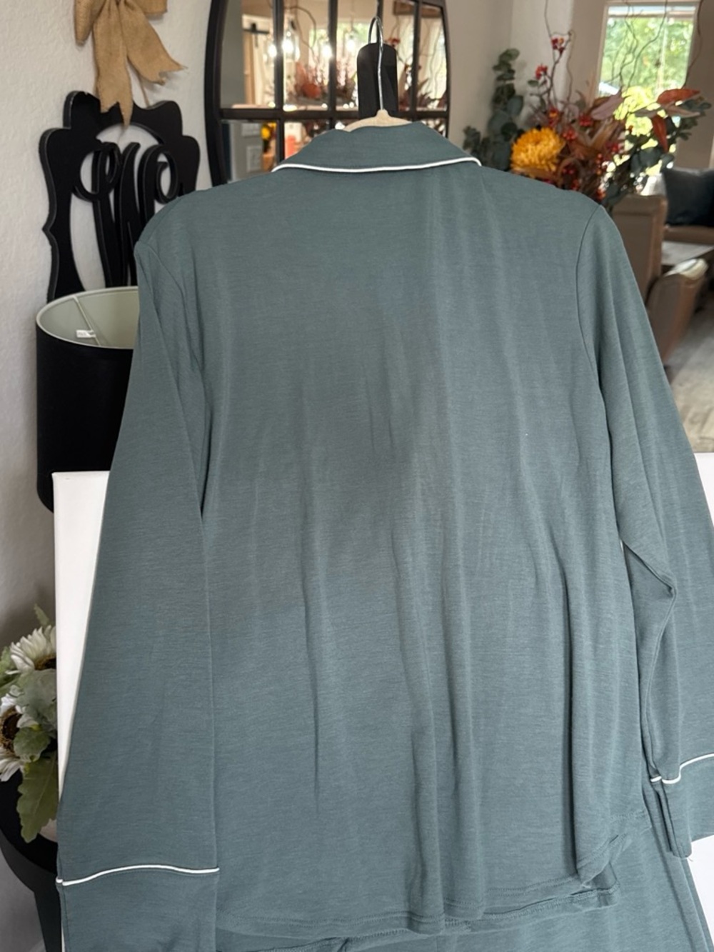 Zenana Outfitters Sage Green Two-Piece Long Sleeve Pajama Set with White Piping - Picture 6 of 8